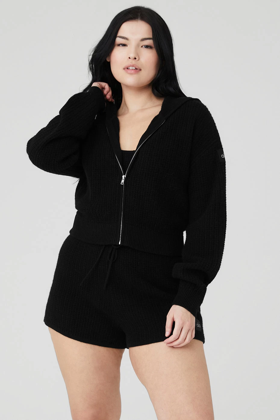 Cashmere Plush Waffle Full Zip Hoodie - Black - Image 5