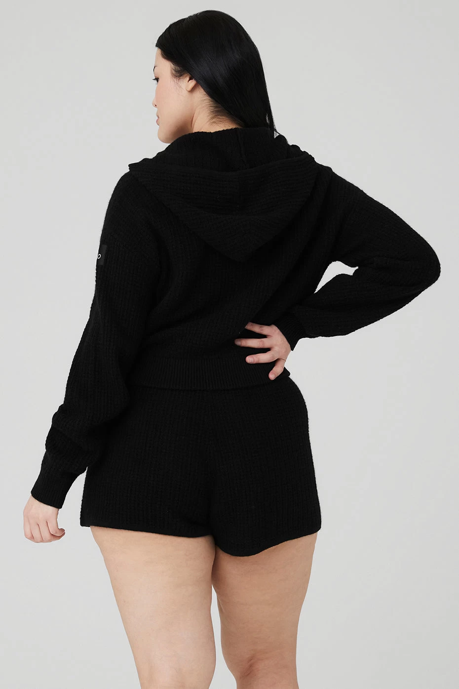 Cashmere Plush Waffle Full Zip Hoodie - Black - Image 6