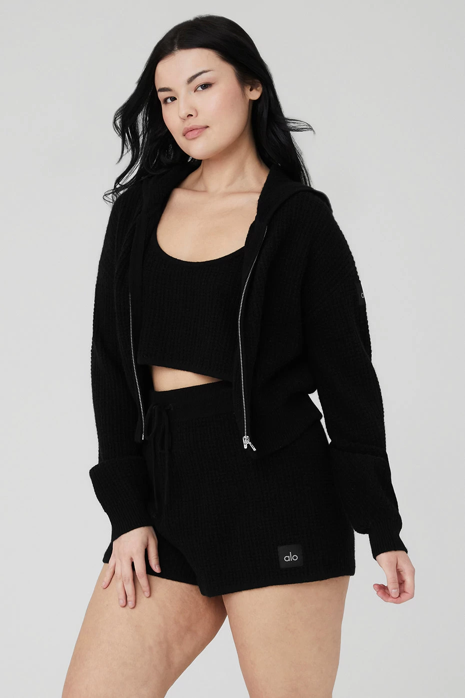 Cashmere Plush Waffle Full Zip Hoodie - Black - Image 7