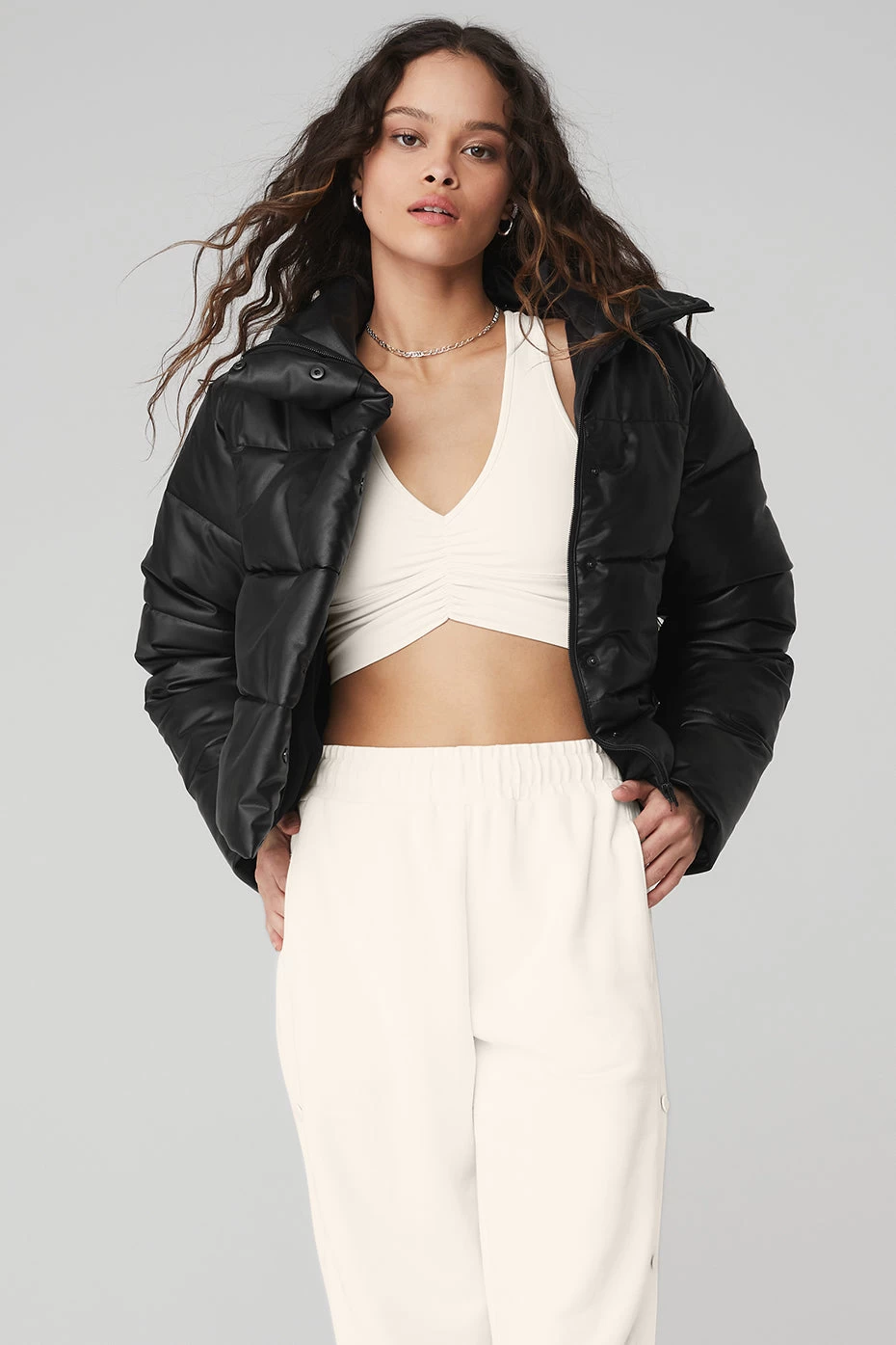 Faux Leather Gold Rush Puffer - Black - Image 2
