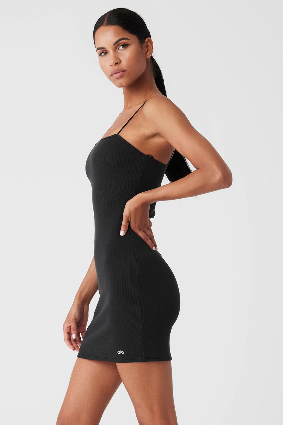 Goddess Ribbed Spaghetti Strap Dress - Black - Image 4