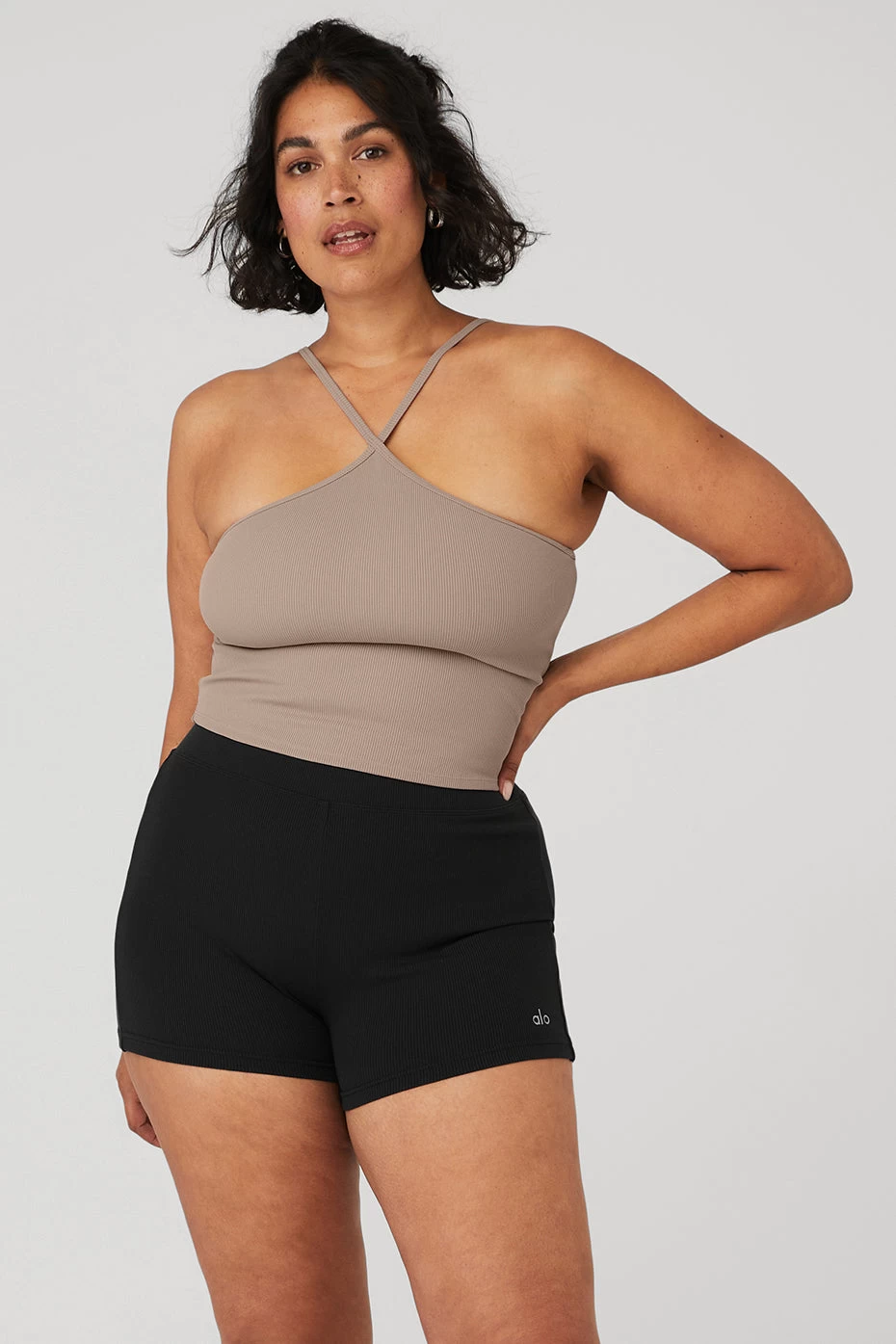 Goddess Ribbed Cross Crop Top - Taupe - Image 5