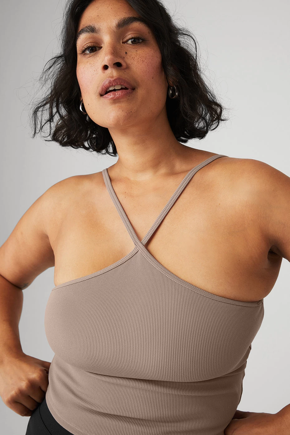 Goddess Ribbed Cross Crop Top - Taupe - Image 8